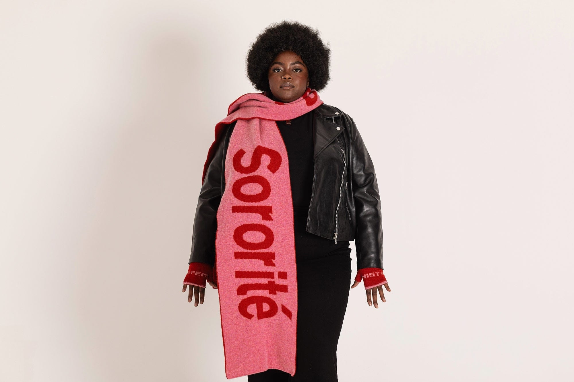Liberté Egalité Sororité Lambswool Feminist Slogan Scarf in French Rose & Rouge Scarves Black & Beech