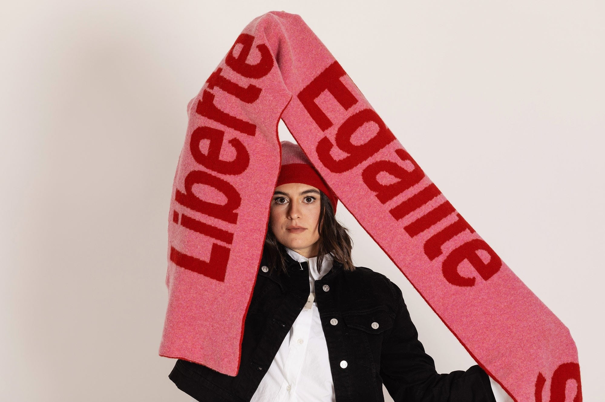 Liberté Egalité Sororité Lambswool Feminist Slogan Scarf in French Rose & Rouge Scarves Black & Beech