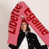 Liberté Egalité Sororité Lambswool Feminist Slogan Scarf in French Rose & Rouge Scarves Black & Beech