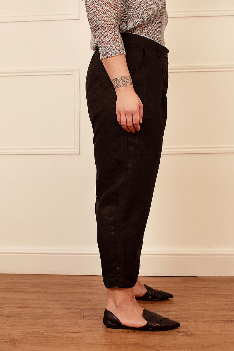 Linen Barrel Leg Trousers in Black by Lora Gene