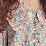 Ethical fashion – model styling handmade Luna Blouse with pink and blue floral prints