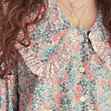 Ethical fashion – model styling handmade Luna Blouse with pink and blue floral prints
