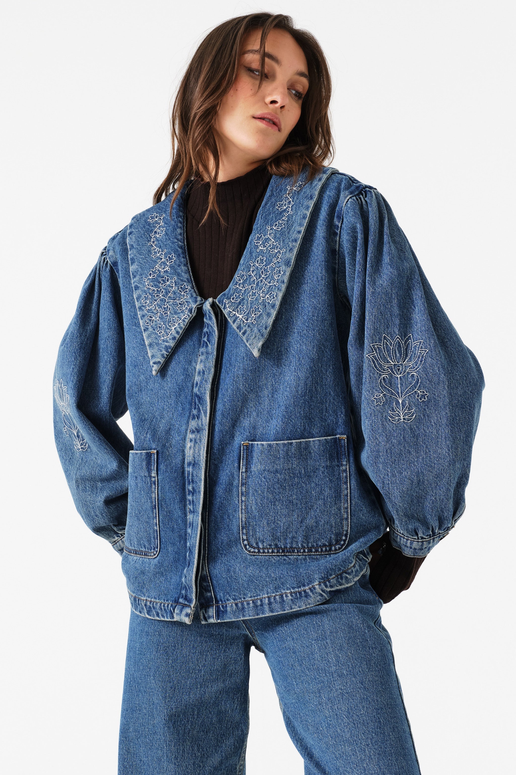 Neve Flower-Embroidered Denim Jacket in Pasadena - seventy + mochi