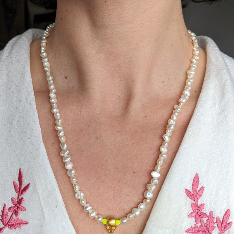 Pearl Necklace With Gold Plated Skull by Bella Riley