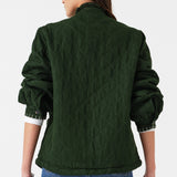 Woman wearing a quilted dark green jacket with white embroidered details and blue jeans on a white background photographed from the back