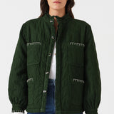 Woman wearing a quilted dark green jacket with white embroidered details and blue jeans on a white background