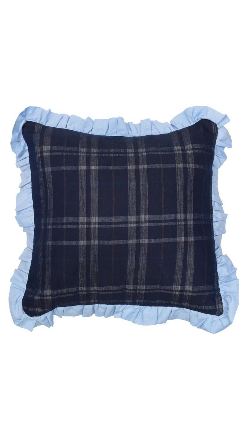 Ruffle Cushion, Zero Waste, Navy Check/ Pale Blue