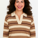 Cashmere Mix Collared Jumper in Taupe & Burgundy Stripe