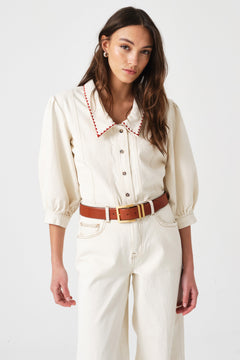 Talia Collared Denim Top in Ecru