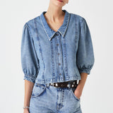 Talia Collared Denim Top in Newport