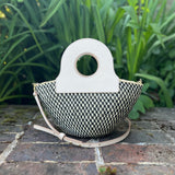 Natural color basket bag with leather straps, upcycled leather basket bag
