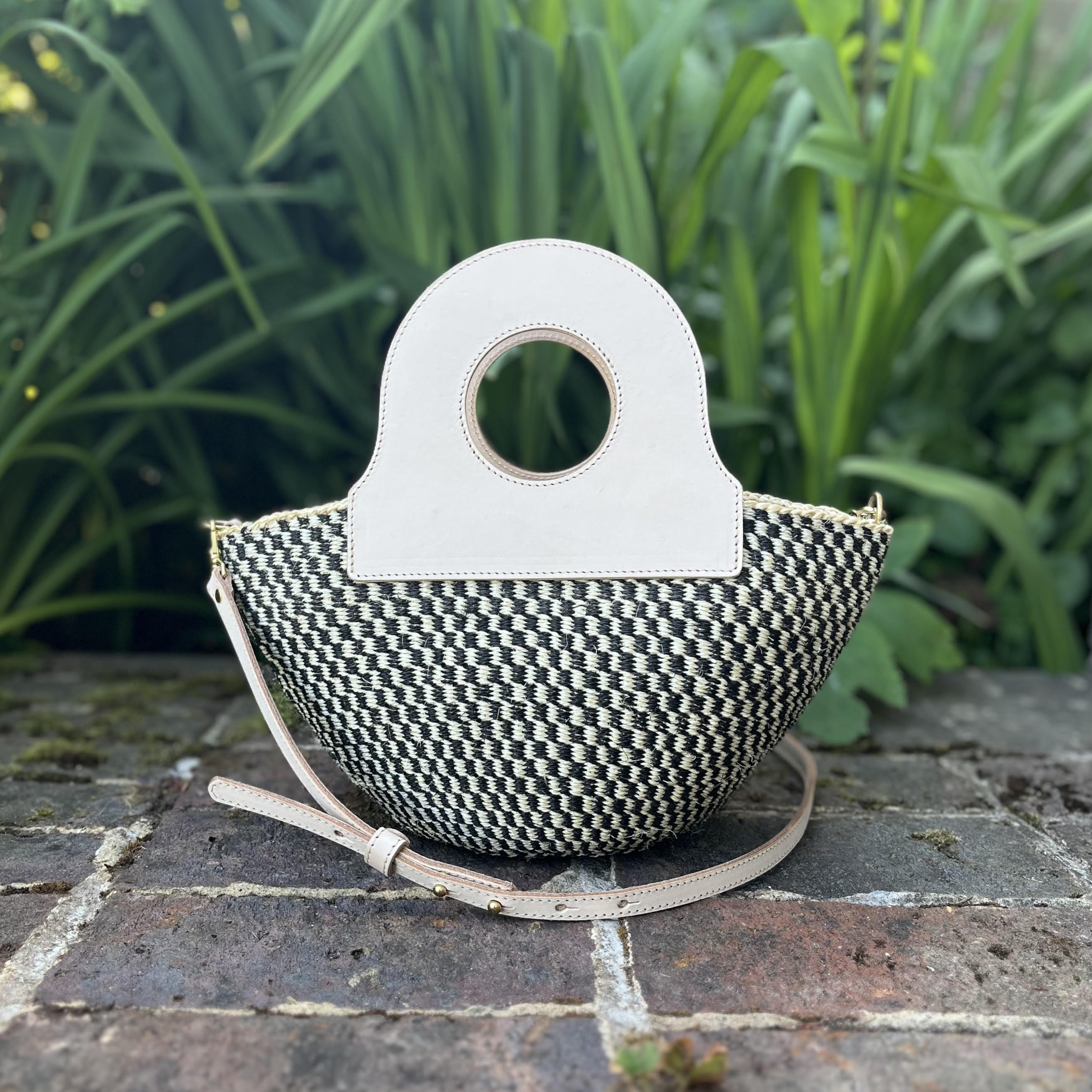 Natural color basket bag with leather straps, upcycled leather basket bag