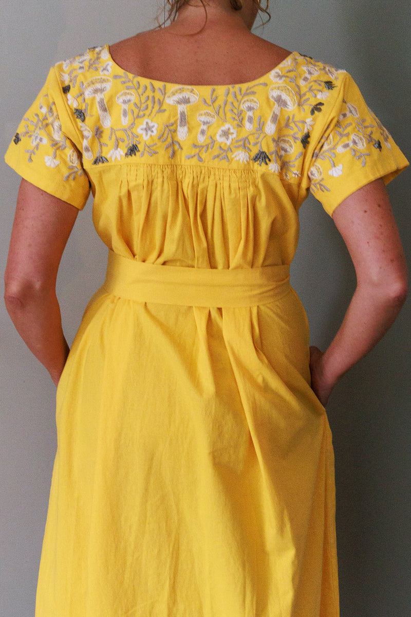 Mexican Embroidered Kaftan Dress in Lemon Yellow by Arifah Studio