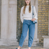 Pointelle Puff Shoulder Crew Neck Jumper in Ivory