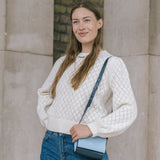 Pointelle Puff Shoulder Crew Neck Jumper in Ivory