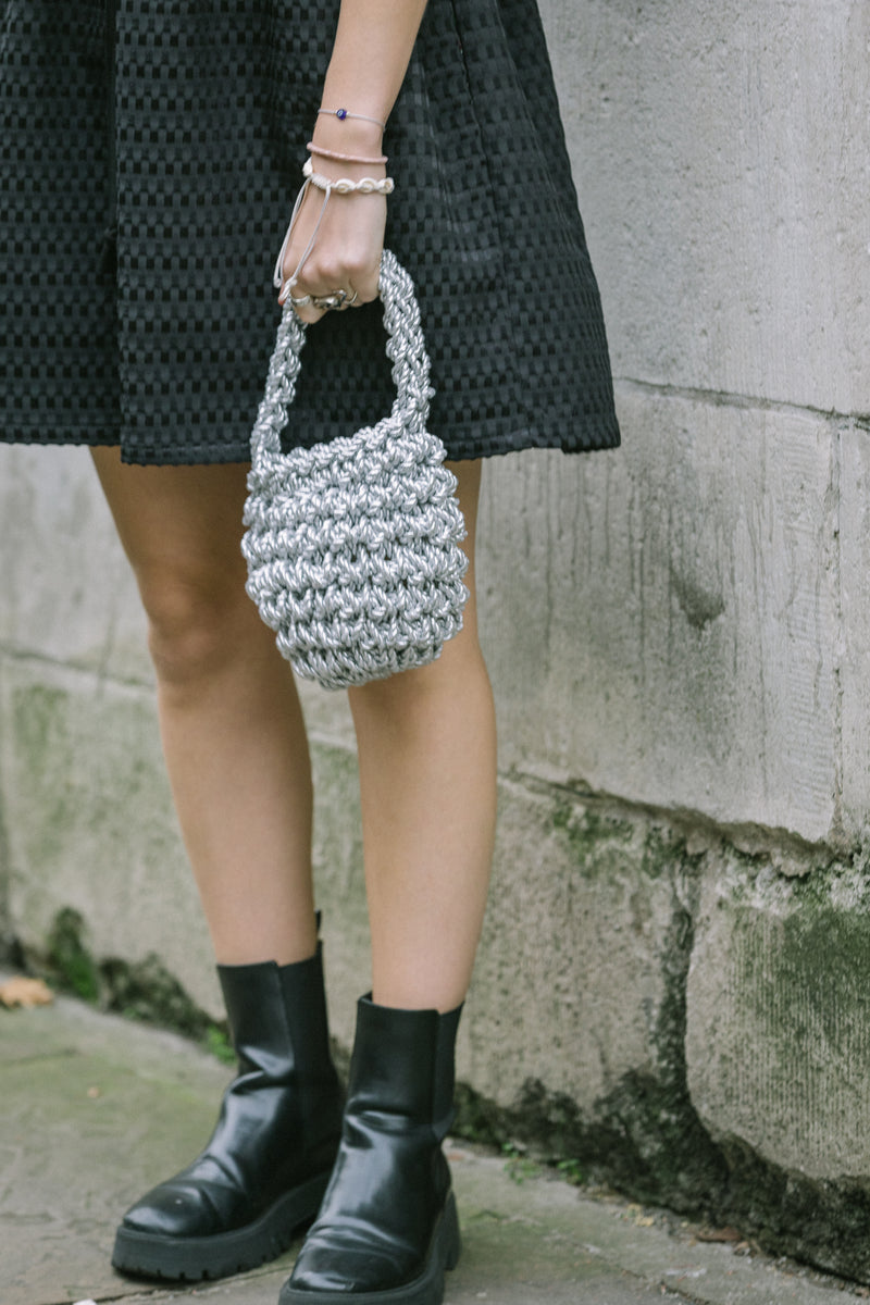 Hive Bucket Bag in Silver Metallic Cord by Isla de Gar