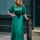 Clemence Dress in Jewel Green with Contrast Black Satin Belt
