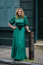 Clemence Dress in Jewel Green with Contrast Black Satin Belt by House of Disgrace