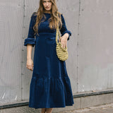 Victoria Round Neck Corduroy Midi Dress in Navy