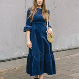 Victoria Round Neck Corduroy Midi Dress in Navy