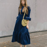 Victoria Round Neck Corduroy Midi Dress in Navy