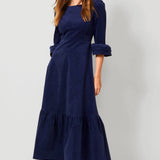 Victoria Round Neck Corduroy Midi Dress in Navy