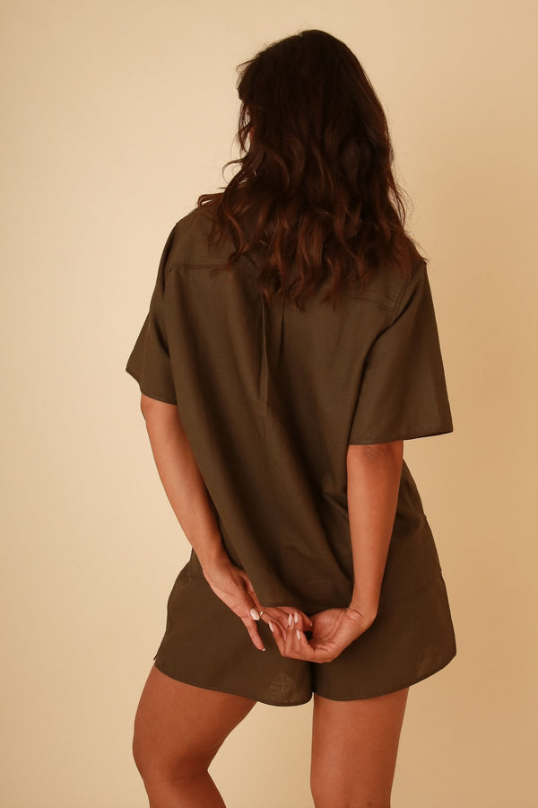 Outdoor look featuring short sleeve linen shirt and high waisted linen shorts two piece set.