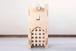 Amazing play Turret with  optional working pulley and portcullis by Pursuit of Adventure.  All of Pursuit of Adventure's playhouse designs are modular and flat-pack. The simple slot and play system means there’s no need for any fixings or glue.  Pursuit of Adventure products will stand proud throughout the home and garden. Playhouses assemble in less than a minute or a little longer for the biggest forts.