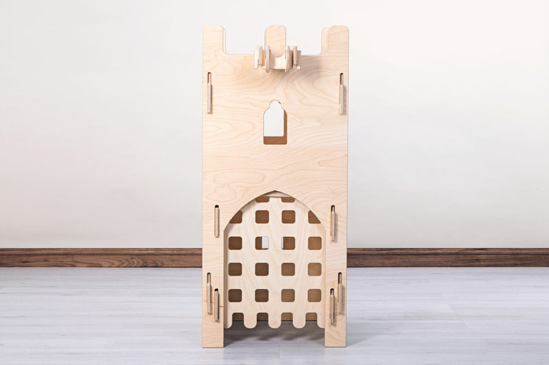 Amazing play Turret with  optional working pulley and portcullis by Pursuit of Adventure.  All of Pursuit of Adventure's playhouse designs are modular and flat-pack. The simple slot and play system means there’s no need for any fixings or glue.  Pursuit of Adventure products will stand proud throughout the home and garden. Playhouses assemble in less than a minute or a little longer for the biggest forts.