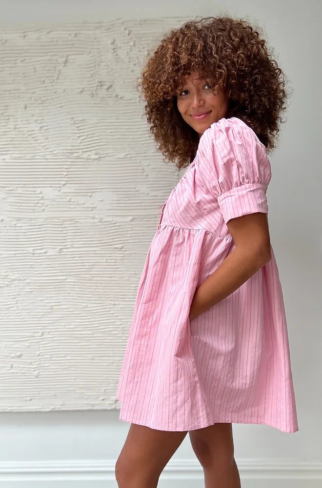Gaia Mini Dress in Pink Linen Pinstripe by Freya Simonne
