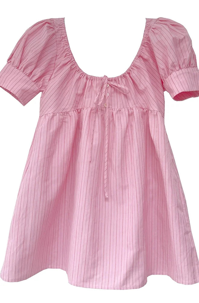 Gaia Mini Dress in Pink Linen Pinstripe by Freya Simonne