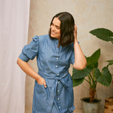 Rosa Puff Sleeve Shirtdress in Blue Light Wash Japanese Denim