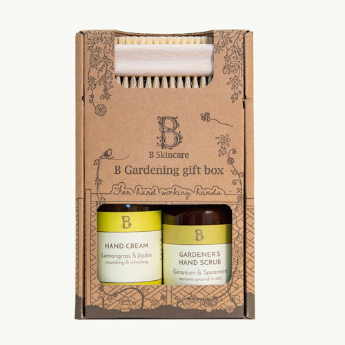 B Gardening Gift Box by B Skincare. Contains Gardeners Spearmint & Geranium hand scrub, soothing Lemongrass, Jojoba & Beeswax hand-cream and a hardy dual sided nail brush with natural, cactus bristles.