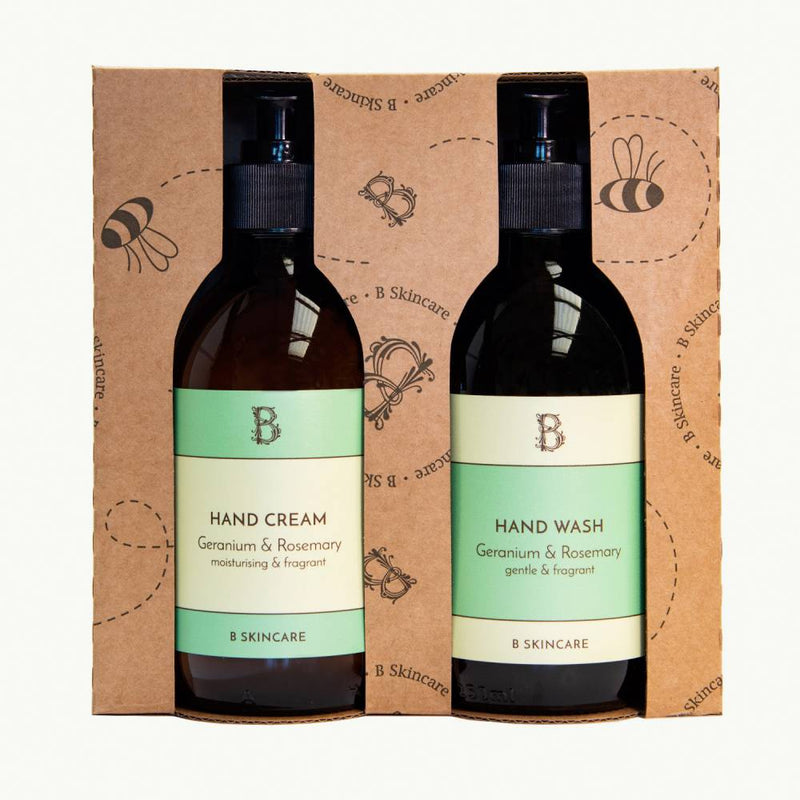 Rosemary & Geranium Gift Pack by B Skincare. This set contains a Geranium & Rosemary hand wash and hand cream in stylish, handy to use, pump action bottles. It contains geranium for its balancing properties, uplifting rosemary and nourishing beeswax.
