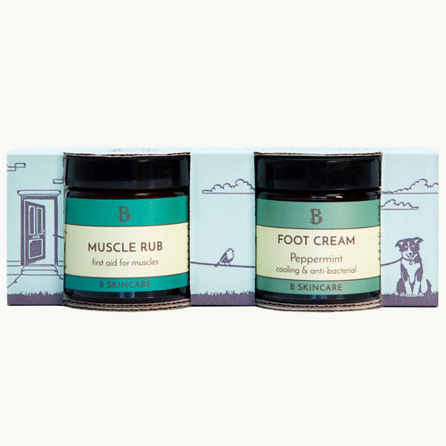 B Dog Walking Gift Pack by B Skincare. Contains two 60ml jars of cooling Peppermint Foot Cream and soothing Muscle Rub, the perfect gift for every devoted dog walker.