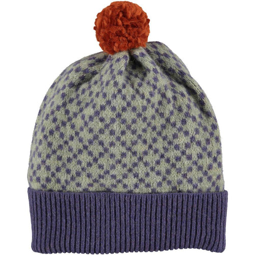 100% Merino Lambswool Pom Pom Beanie in purple and soft green cross pattern, hand-finished with a purple folded brim and topped with a rust coloured pom pom. Unisex design. Expertly knitted in a traditional Scottish mill.