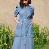Rosa Puff Sleeve Shirtdress in Blue Light Wash Japanese Denim
