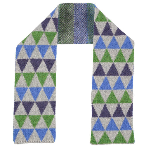 Catherine Tough Children's Scarf, made from 100% merino lambswool. Super soft, with a fun triangle pattern on one side and colourful stripe pattern on the other. Knitted in a Scottish mill, then gently felted to create a naturally insulating and durable fabric. 