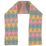 Catherine Tough Children's Scarf, made from 100% merino lambswool. Super soft, with a fun triangle pattern on one side and colourful stripe pattern on the other. Knitted in a Scottish mill, then gently felted to create a naturally insulating and durable fabric. 