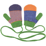 Catherine Tough Children's Mittens made from 100% merino lambswool. Super soft & cosy, on a practical knitted string (so they'll never lose their pair!) with a fun, colourful & mis-matched stripe pattern.  Designed in London and knitted in a traditional Scottish mill.