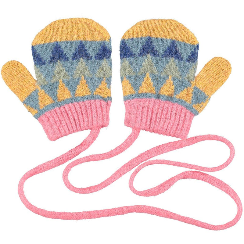 Catherine Tough Children's Mittens made from 100% merino lambswool. Super soft & cosy, on a practical knitted string (so they'll never lose their pair!) with a fun, colourful triangle pattern.  Designed in London and knitted in a traditional Scottish mill.