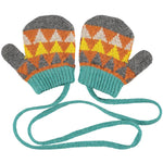 Catherine Tough Children's Mittens made from 100% merino lambswool. Super soft & cosy, on a practical knitted string (so they'll never lose their pair!) with a fun, colourful triangle pattern.  Designed in London and knitted in a traditional Scottish mill.
