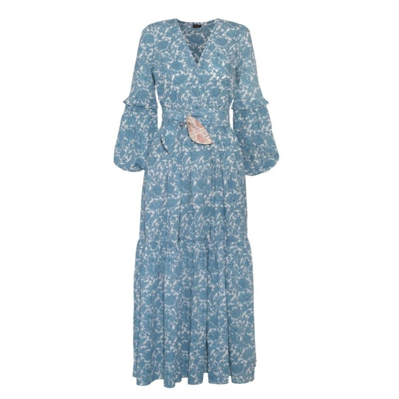 The May Morris dress is a super flattering vee neck, ankle skimming maxi dress with a cinched waist and pockets. The long sleeves are slim through the upper arm and have a slight bell at the wrist. The elasticated waist is designed to be worn with or without a belt. The belt supplied is in the matching fabric; alternatively our reversible kimono belts can be bought separately and feature contrasting fabrics. 