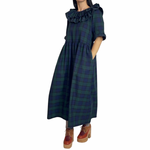 The black watch tartan, wide, double frill neck dress, has a fitted waist and statement frilled edge sleeves.  The dress is an easy-to-wear statement piece, that is handmade to order in Minkie London's Camden studio.