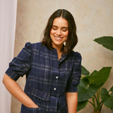 Rosa Puff Sleeve Shirtdress in Navy Check Deadstock Cotton