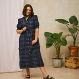Rosa Puff Sleeve Shirtdress in Navy Check Deadstock Cotton