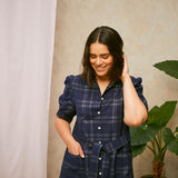 Rosa Puff Sleeve Shirtdress in Navy Check Deadstock Cotton