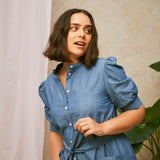 Rosa Puff Sleeve Shirtdress in Blue Light Wash Japanese Denim