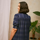 Rosa Puff Sleeve Shirtdress in Navy Check Deadstock Cotton