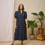 Rosa Puff Sleeve Shirtdress in Navy Check Deadstock Cotton